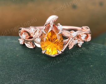 Firework cut Citrine ring unique rose gold engagement ring Pear shaped citrine ring Leaf branch ring Diamond ring Nature inspired ring gift