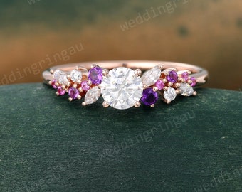 Dainty Moissanite Engagement Ring Vintage Rose Gold Cluster Amethyst Pink Sapphire Wedding Ring Marquise Moissanite Bridal Ring Promise Ring