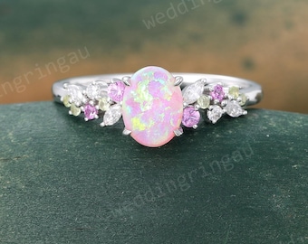 Oval cut Pink Opal ring Unique White gold engagement ring Peridot Pink sapphire ring Moissanite Cluster ring bridal anniversary ring women