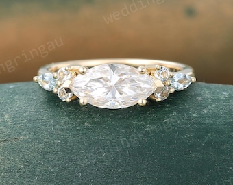 East to West ring Marquise cut Moissanite engagement ring Unique 14k yellow gold moissanite ring Marquise Aquamarine ring Promise ring