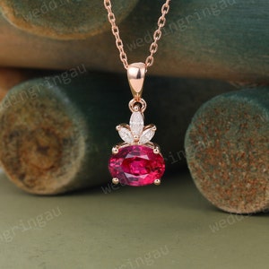 Oval cut Ruby necklace solid 14k rose gold vintage unique Personalized pendant for women Moissanite gemstone anniversary bridal gift mother