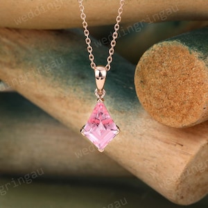 Kite cut Pink sapphire necklace 14k Rose gold vintage unique Personalized Pink sapphire pendant women anniversary bridal pendant gift