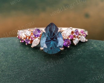 Alexandrite engagement ring Unique Rose gold Firework cut Alexandrite ring Amethyst Pink sapphire ring Diamond anniversary ring