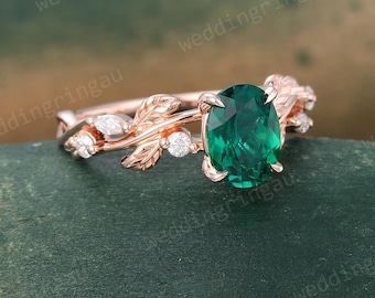 Oval cut Emerald ring Vintage Rose gold Leaf engagement ring marquise cut Moissanite ring bridal wedding Nature inspired ring Promise ring