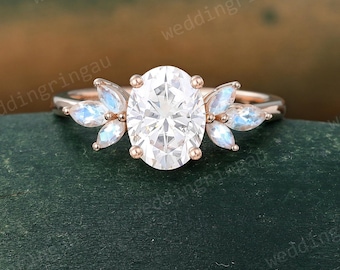 Oval cut Moissanite Engagement ring Unique Rose gold ring Marquise cut Moonstone ring Cluster wedding ring Nature inspired ring Promise ring