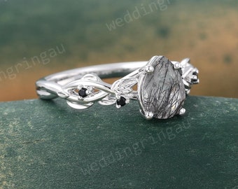 Twig Black rutilated quartz ring Unique Pear shaped quartz engagement ring White gold Black onyx ring Branch ring promise anniversary ring