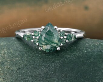 Pear shaped Natural Moss agate ring Vintage White gold Engagement ring Marquise cut Green Moss agate ring Bridal ring Promise ring for women