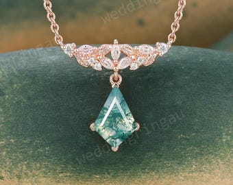 Art Deco Kite Cut Moss Agate Necklace Unique Leaf Rose Gold Moissanite Cluster Pendant for Women Anniversary Bridal Personalized Gift