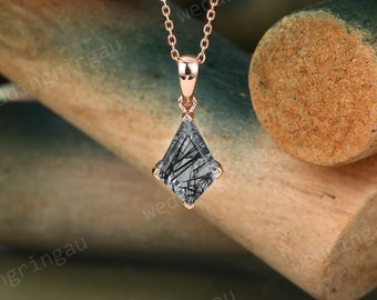 Kite cut Black rutilated quartz necklace Rose gold vintage unique Personalized pendant Simple Necklace anniversary bridal pendant Xmas gift