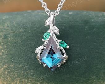 Kite cut Alexandrite & Emerald necklace White gold unique Leaf pendant women June birthstone Necklace anniversary pendant Mother's Day gift