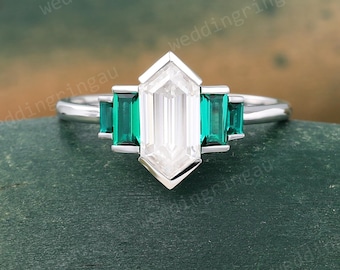 Hexagon cut Moissanite engagement ring Unique White gold Baguette cut Emerald engagement ring bezel set ring Bridal wedding anniversary ring