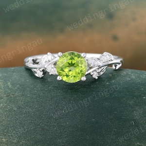 Natural Peridot ring Vintage White gold engagement ring Marquise cut Moissanite ring Leaf Branch ring August birthstone ring promise ring