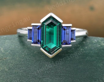 Hexagon cut Emerald ring Unique White gold engagement ring Baguette cut blue sapphire ring Vintage bezel ring Birthstone wedding ring gift