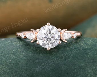 Round Cut Moissanite Engagement Ring Art Deco 14K Rose Gold Pear Diamond Wedding Ring Unique Moon Promise Anniversary Ring for Women