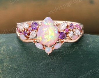 Pear shaped Pink Opal Engagement ring set Vintage Rose gold Bridal ring set Amethyst Pink sapphire ring Opal wedding ring set Promise ring