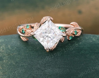 Princess cut Moissanite engagement ring Unique 14k Rose gold Leaf Branch ring Marquise cut Lab emerald ring birthstone ring Promise ring