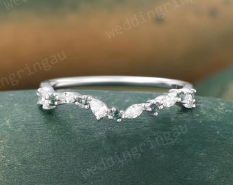 Marquise Cut Moissanite Wedding Band Unique White Gold Round Moss Agate Art Deco Curved Stacking Band Matching Bridal Engagement Ring
