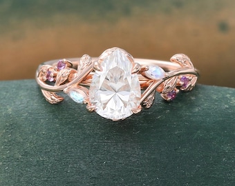 Pear shaped Moissanite ring Unique Rose gold Leaf engagement ring Marquise cut Moonstone ring Amethyst ring Nature inspired Twig ring Gift