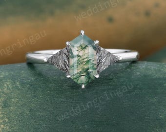 Vintage Hexagon Moss Agate Engagement Ring Unique White Gold Triangle Black Rutilated Quartz Wedding Bridal Ring Three Stone Promise Ring