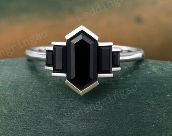Hexagon cut Black onyx ring Unique White gold engagement ring Black gemstone ring Bezel set ring Vintage Bridal wedding anniversary ring