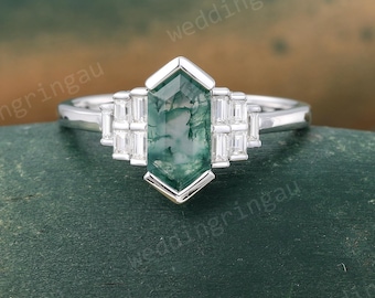 Green Moss agate ring Unique White gold hexagon cut moss agate engagement ring baguette Moissanite ring Diamond Bezel set ring Promise ring