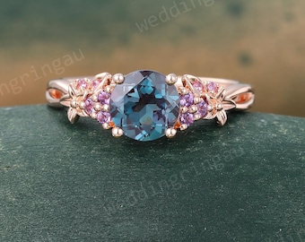 Round cut Alexandrite ring Unique Rose gold engagement ring Amethyst Pink sapphire ring Floral ring June birthstone ring anniversary ring