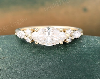East to West ring Lab grown diamond engagement ring Unique solid 14k yellow gold diamond ring Marquise cut lab diamond ring Promise ring