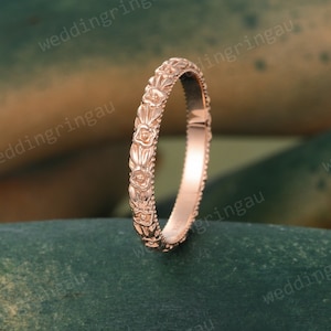 Filigree Wedding Band Vintage Rose gold Plain Wedding Band for Women Simple Bridal Wedding Matching Band Unique Promise Anniversary Ring