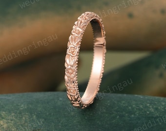Filigree Wedding Band Vintage Rose gold Plain Wedding Band for Women Simple Bridal Wedding Matching Band Unique Promise Anniversary Ring
