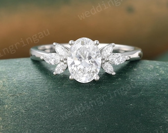 Oval Moissanite Engagement Ring Vintage White Gold Marquise Moissanite Cluster Wedding ring Flower Nature Inspired ring Promise ring