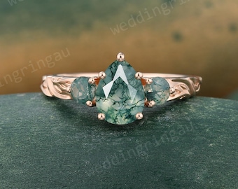 Pear Shaped Moss Agate Engagement Ring Vintage Rose Gold Leaf Design Ring Art Deco Wedding Three Stone Promise Bridal Anniversary Ring