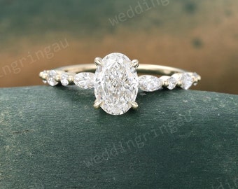 Oval Lab Grown Diamond engagement ring Unique Yellow gold Half eternity Diamond ring Marquise cut Diamond ring Vintage Proposal ring