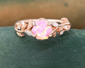 Hexagon cut Pink Opal ring Vintage Rose gold Opal engagement ring Marquise cut Moissanite ring Diamond Branch Twig ring Bridal Promise ring