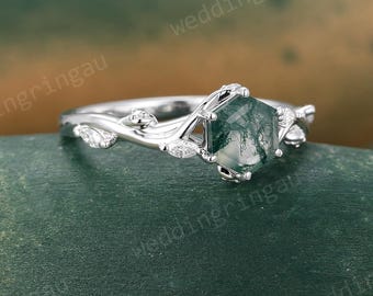 Unique Hexagon cut Moss agate engagement ring Vintage White gold ring marquise cut Moissanite ring Branch wedding Promise ring for women
