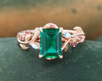 Emerald Cut Emerald Ring Unique Rose Gold Branch Vine Engagement Ring Marquise Cut Moonstone Ring Nature Amethyst Inspired Twig Ring Gift