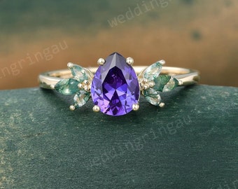 Pear shaped Purple Sapphire engagement ring Unique Solid gold engagement ring marquise cut moss agate ring Cluster ring anniversary ring