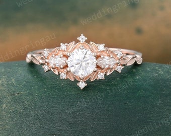 Dainty Round Moissanite Engagement Ring Rose gold Marquise Cut Diamond ring Leaf Nature Inspired Ring Bridal Promise Anniversary Ring