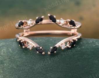 Marquise cut black onyx Wedding Band Moissanite Enhancer ring Rose gold Guard band Branch Ring Curved matching stacking band for women