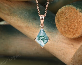 Kite cut Moss agate necklace Rose gold vintage unique Personalized pendant women Moss agate jewelry anniversary pendant Valentine gift