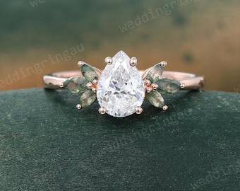 Pear Moissanite Engagement Ring Unique Rose Gold Teardrop Moissanite Wedding Ring Marquise Cut Moss Agate Ring Art deco Nature Inspired Ring