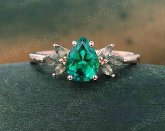 Pear Emerald Ring Vintage Rose Gold Engagement Ring Unique Marquise cut Moss Agate Ring Nature Inspired Ring Bridal Anniversary Ring