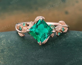 Princess cut Emerald ring Unique 14k Rose gold Leaf Branch engagement ring Marquise cut Lab emerald ring May birthstone ring Promise ring