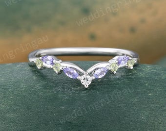 Round Cut Moissanite Wedding Band Delicate White Gold Marquise Tanzanite Curved Wedding Band Art Deco Bridal Stackable Matching Ring