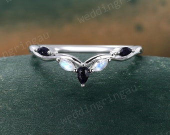 Blue sandstone curved wedding band Vintage White gold Marquise cut Moonstone wedding band Branch stacking matching band Anniversary ring