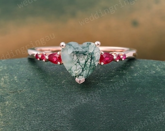 Vintage Heart Cut Moss Agate Engagement Ring Rose Gold Pear Cut Ruby Ring Seven Stone Wedding Ring Nature Inspired Promise Ring Women