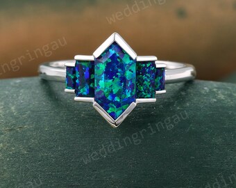 Unique Blue Green Opal ring Vintage White gold Hexagon cut opal engagement ring Baguette cut Lab Opal ring Bezel ring Art deco Promise ring