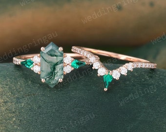 Hexagon cut Moss agate engagement ring set Vintage kite cut emerald ring Half eternity Round cut Moissanite wedding ring Promise ring set
