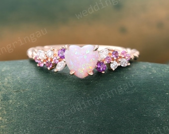 Heart cut Pink Opal ring Unique Rose gold Cluster engagement ring Amethyst Pink sapphire ring Diamond Twisted ring bridal anniversary ring
