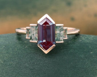Hexagon cut Alexandrite ring Unique Rose gold engagement ring Baguette cut Moss agate ring Bezel ring Vintage Bridal wedding Promise ring