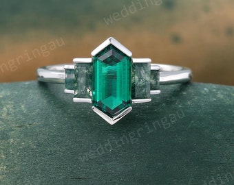Hexagon cut Emerald ring Unique White gold engagement ring Baguette cut Moss agate ring May birthstone ring Bridal wedding anniversary ring